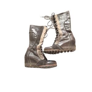 Sorel Cate the‎ Great Boots Gray Wedge Suede Knee High Lace Up Casual Size 7